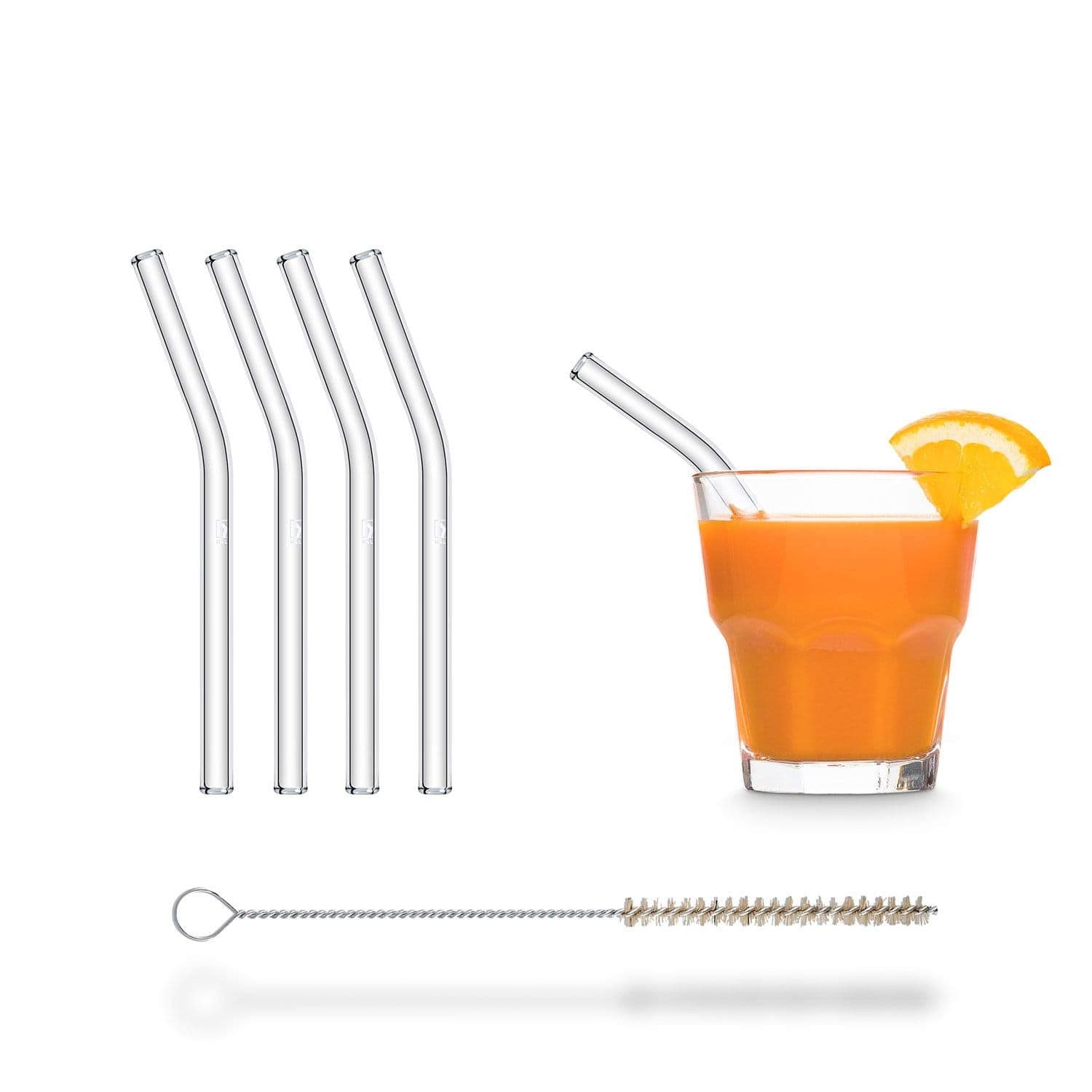 Halm Glass Drinking Straws Reusable Sippers - 4 Pieces Short Bent 15 cm + Plastic-Free Cleaning Brush - Dishwasher Safe - Eco-Friendly - Glass Sippers for Tumblers Cocktail Glasses