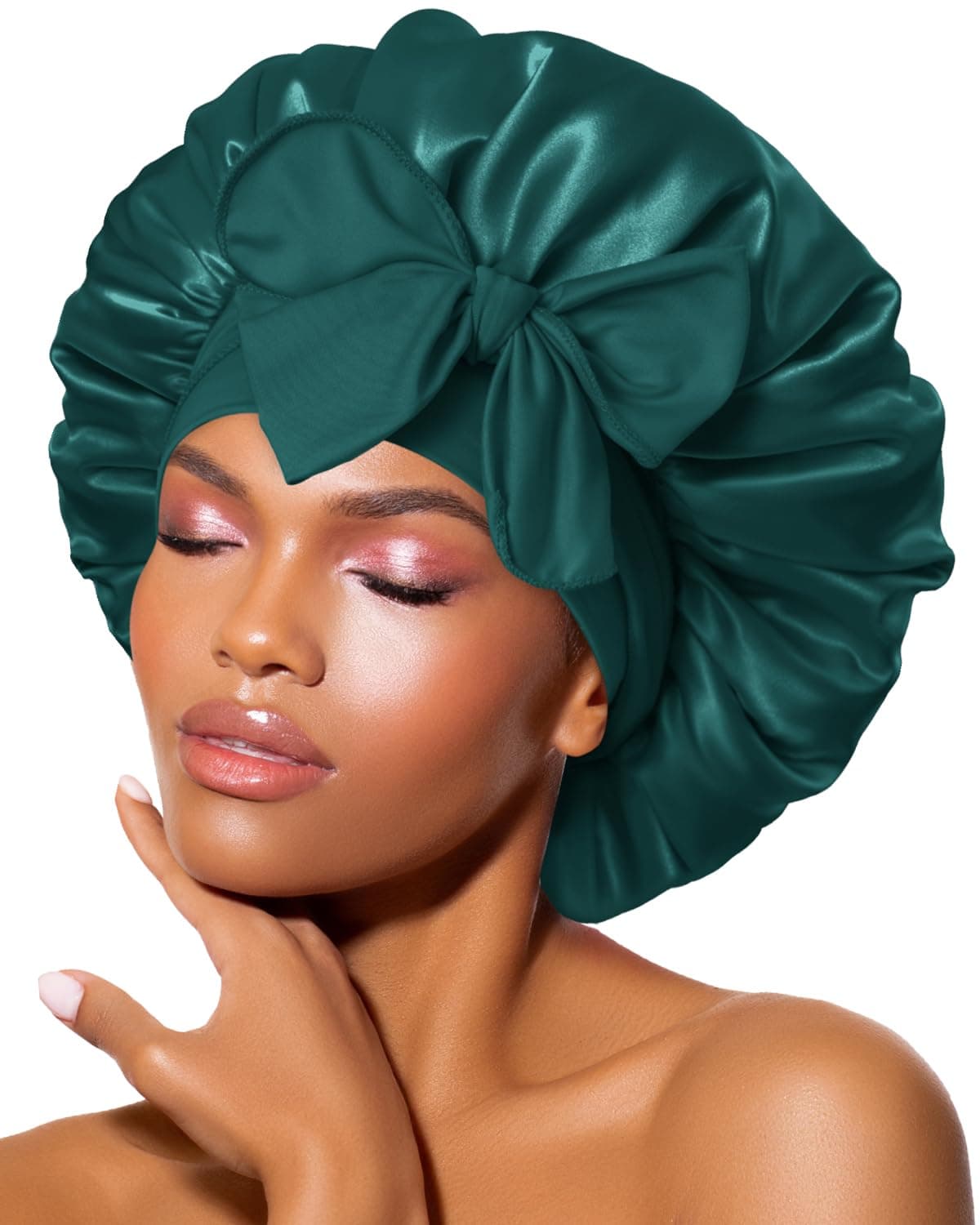 Silk Bonnet for Sleeping for Curly Hair, Satin Bonnet Hair Wrap for Women & Men, Adjustable Silk Scarf Night Cap with Tie Band, Darkish Green, Medium