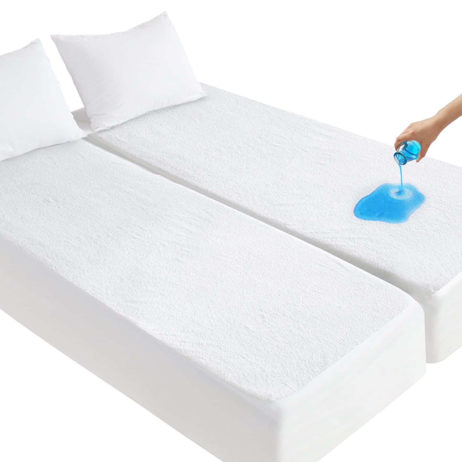 Split King Mattress Protector for Adjustable Bed Waterproof Split King Sheets Fitted up - 14'' Terry Mattress Pad Cover Protector Machine Wash, White