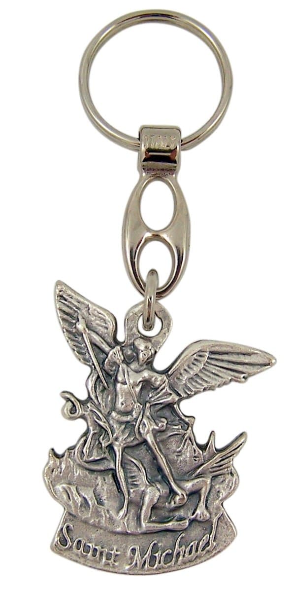 Silver Toned Saint Michael the Archangel Medal Key Chain, 1 1/2 Inch