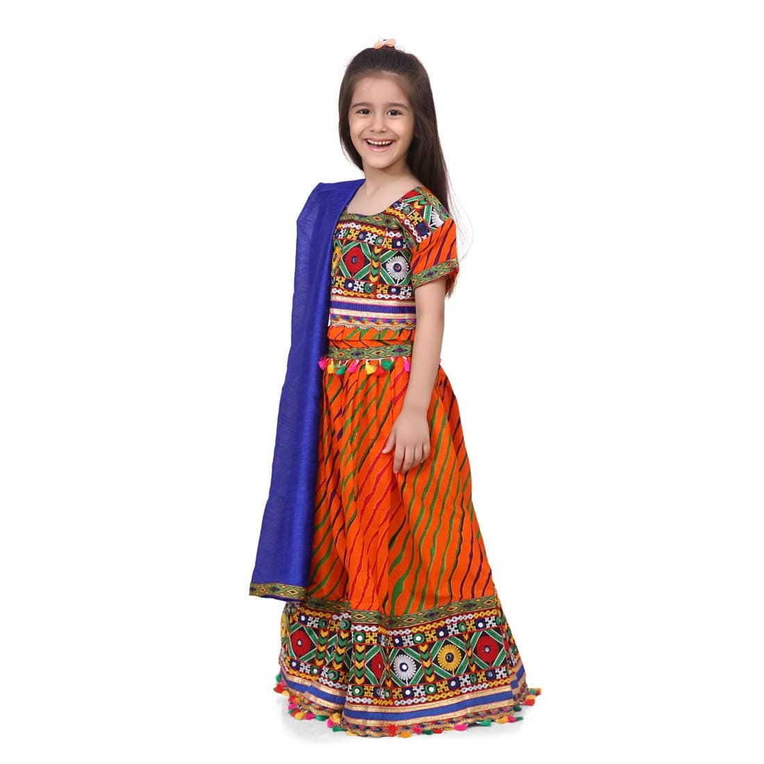 BownBee Girls Cotton Chaniya Choli Lehenga with Round Neck, Leheria Embroidered Traditional Ethnic Dress With Mirror Work, Choli Top with Ghagra For Girl Kids