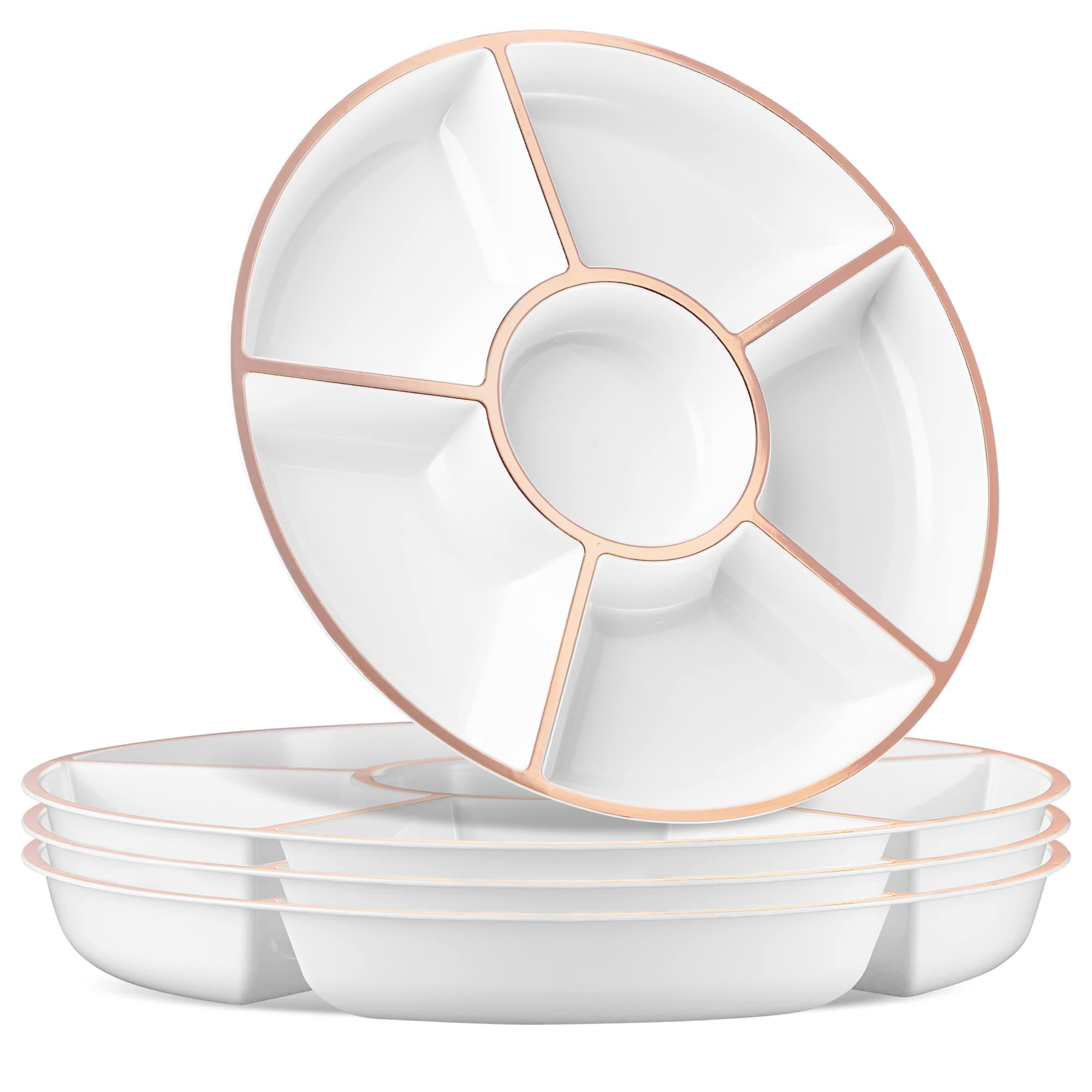 Plasticpro 6 Sectional Round Plastic Serving Tray/Platter (8, White & Rose Gold)