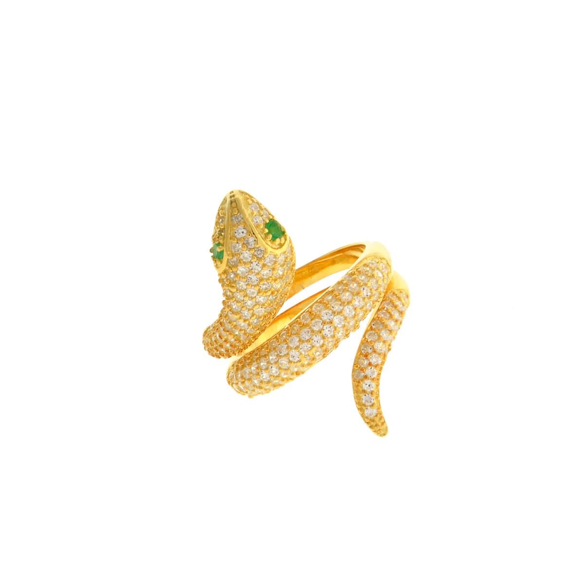 Beverly Madison Gold Plated Sterling Silver CZ Green Eye Snake Ring