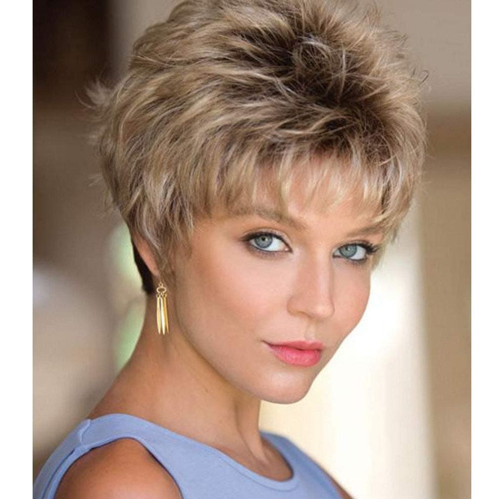 Fencca Wigs for Women Short Curly Hair - Brown Mix Blonde Wigs with Bangs Heat Resistant Synthetic Hair Wig + Wig Cap LDS006