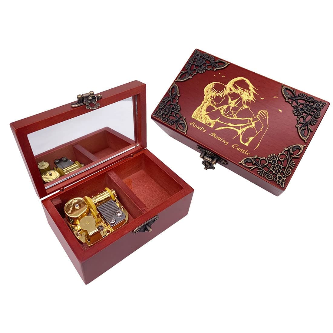 Youtang Jewelry Music Box with Mirror Laser Engraved Wood Musical Box Wind up Musical Gift for Her Him Girlfriend Boyfriend(Melody: Merry Go Round of Life, Gold Movement)