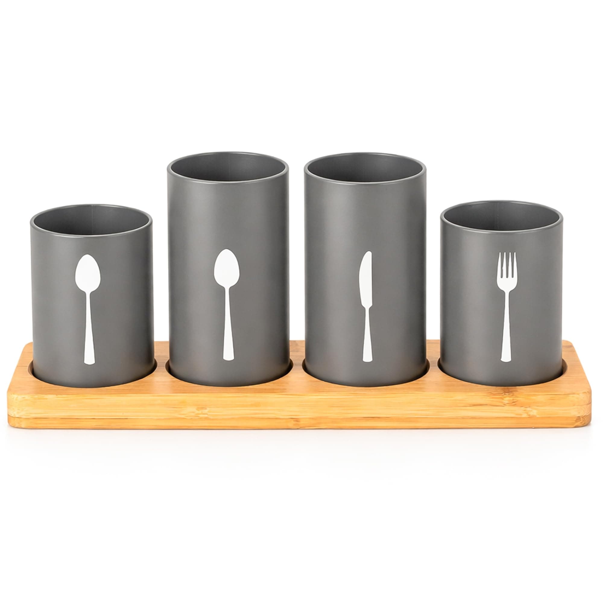 Innoteck 4pc Kitchen Cutlery Holder Set - Modern Farmhouse Kitchen Décor - Natural Bamboo - Matt Grey Utensil Crock - Vintage Organizer - Tool Caddy - Countertop Storage
