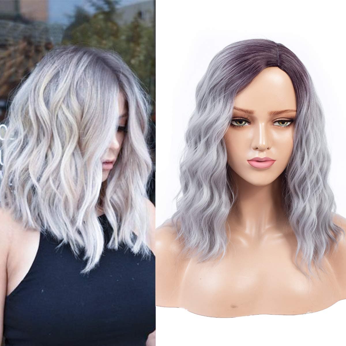 Dula A Synthetic Wig Hair Natural Wave Middle Long BOB Hair Wigs Side Part Heat Resistant Fiber Wig Cute Girl Neat Bands Fashion Colorful Ombre Grey Wigs for Women