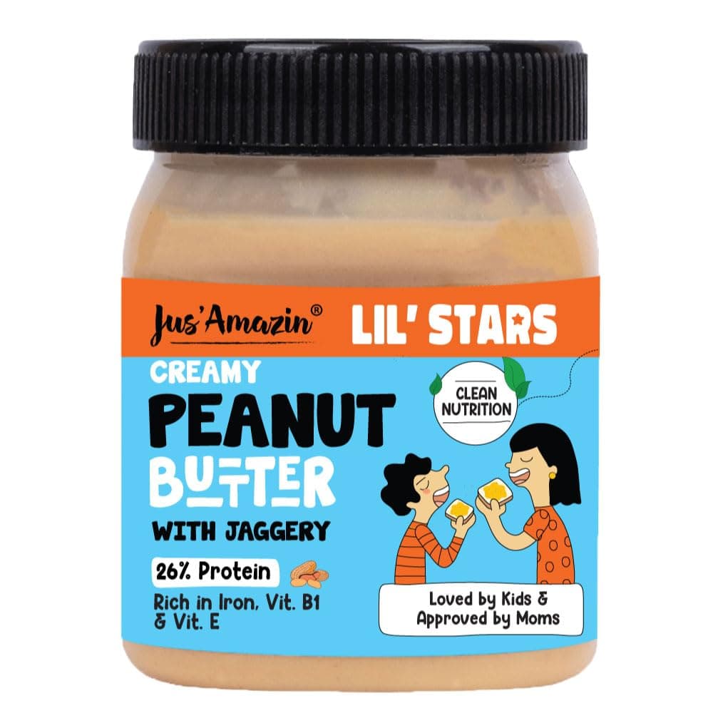 Lil Stars Peanut Butter with Jaggery (325g) | Yummy, Clean & Nutritious Peanut Butter for Kids | 90% Peanuts, mildly sweetened with Jaggery | No Hydrogenated Fats, No Refined Sugar, No Chemicals | Clean Nutrition | Dairy-Free