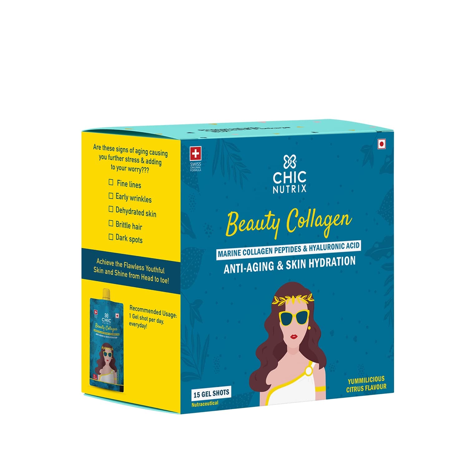 Beauty Collagen - Japanese Marine Collagen Peptides For Wrinkle free Skin and Anti aging - Skin care - 15 Gel Shots - First time in India - Citrus Flavour