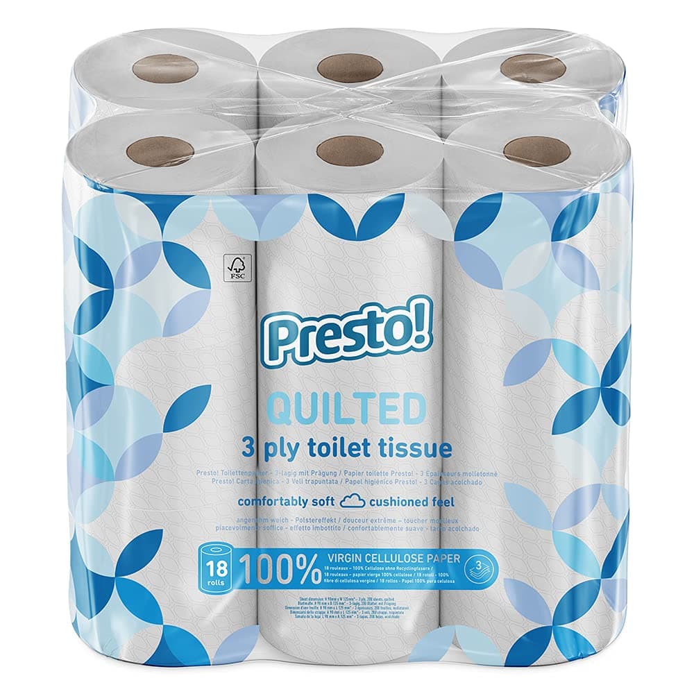 Amazon Brand - Presto! Toilet Roll, 3-ply Quilted, Velvety Soft, Unscented, 18 Rolls (1 Pack of 18), 200 Sheets per Roll, 3600 Count, FSC Certified