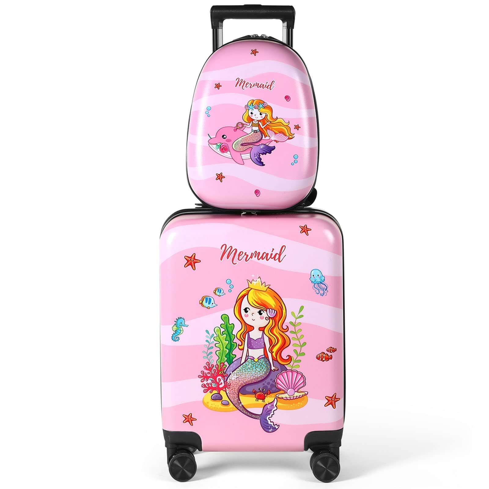 Kids Luggage and Backpack 18" Suitcase with Spinner Wheel Hard Case Travel 13" Backpack Girl Suitcase Set for Kids Travel Supplies(Pink,Mermaid Style)
