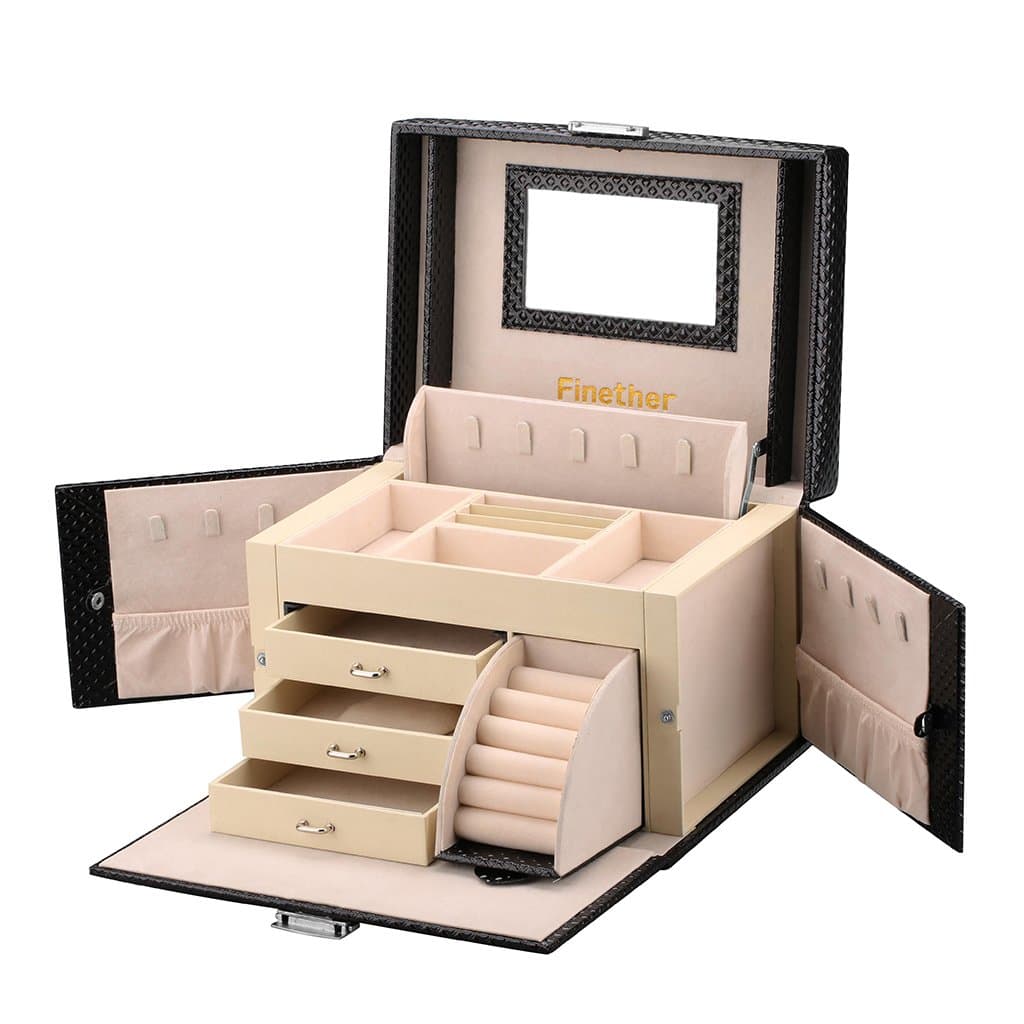Finether Jewellery Box, High Capacity Jewellery Organizer Box Storage with 3 Drawers for Bracelets, Earrings, Rings, Necklaces, Wedding Birthday Gift, Black
