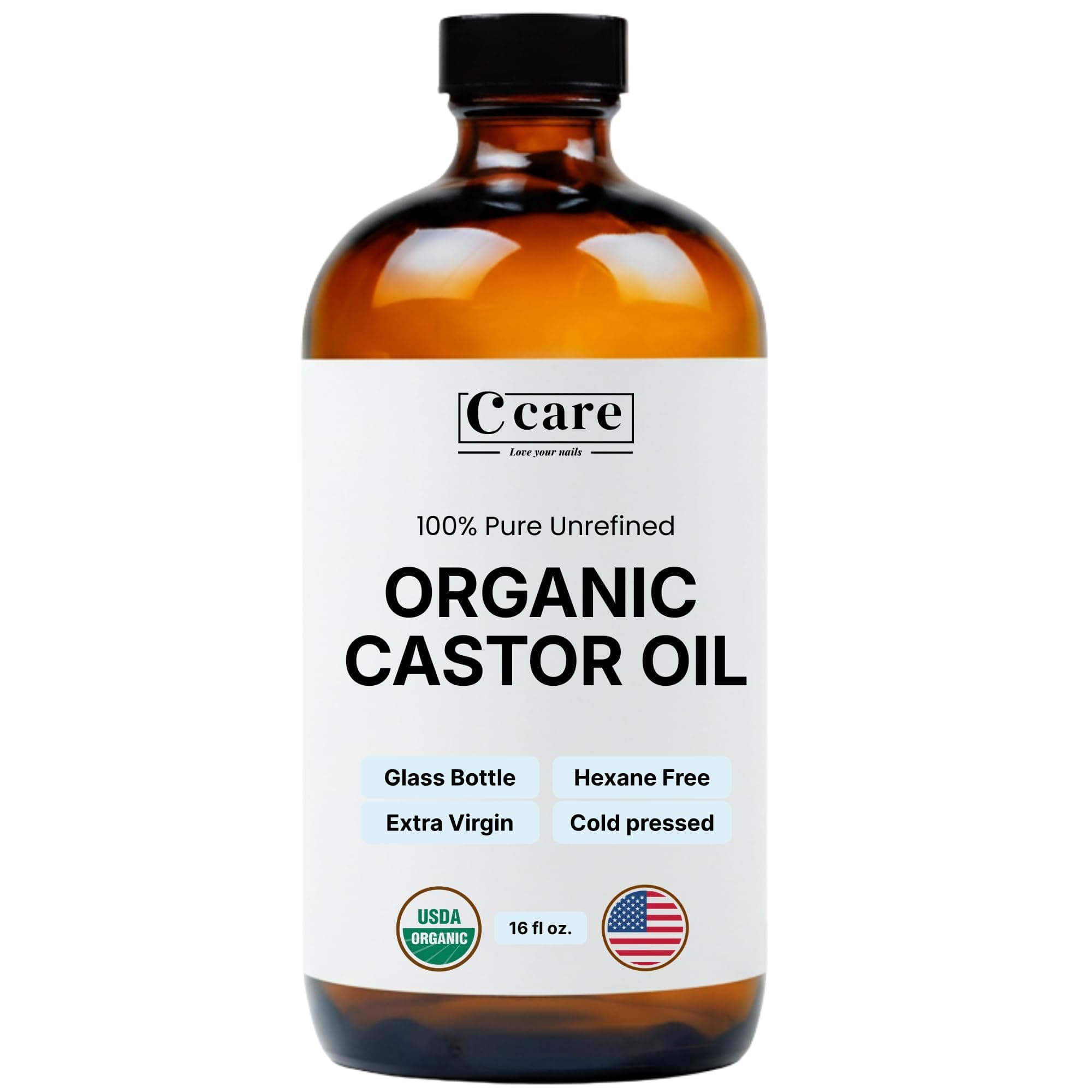Castor Oil 100% Pure Organic Cold Pressed Unrefined Glass Bottle | USDA Certified Organic | Hexane Free Extra Virgin | for Hair Growth Eyebrows Eyelashes Skin and Castor Oil Pack Wrap | 16oz