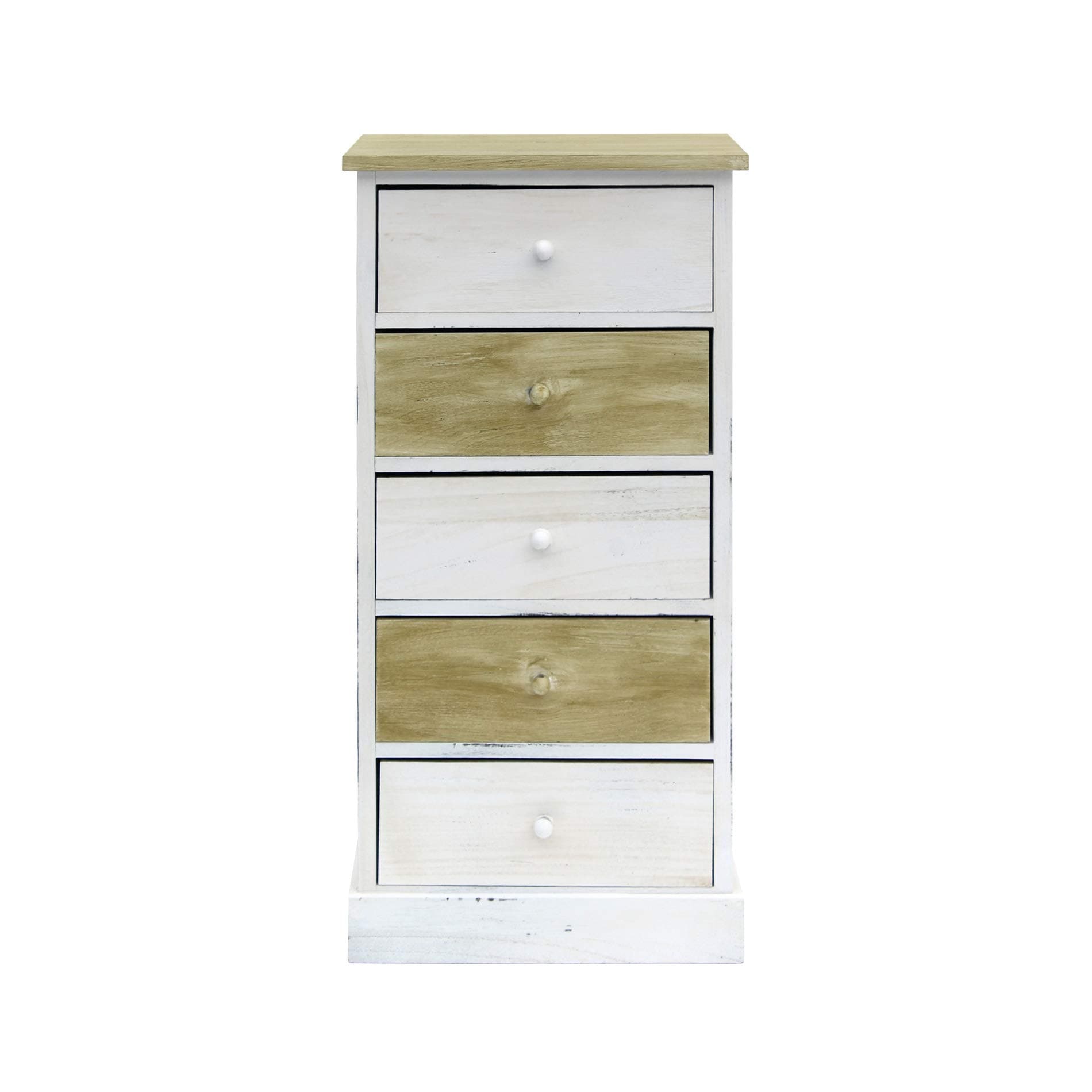 Rebecca Mobili Chest of Drawers Bedside Table 5 Drawers Paulownia Wood White Beige Shabby Vintage Bedroom Entrance - 84 x 40 x 29 cm (H x W x D) - Art. RE4401