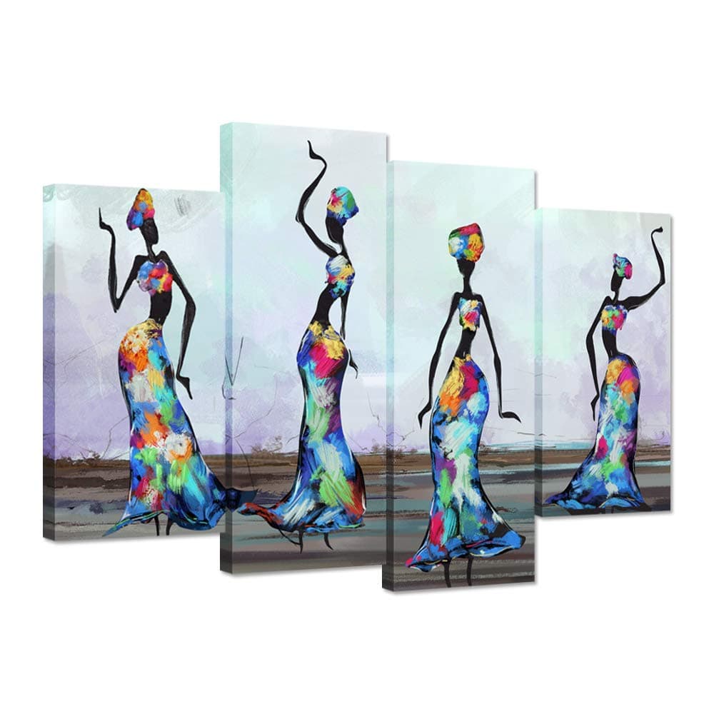 iHAPPYWALL4 Panel African Canvas Wall Art Traditional African Woman Dancers Abstract Paintings on Canvas Contemporary Artwork for Bedroom Home Decor Ready To Hang