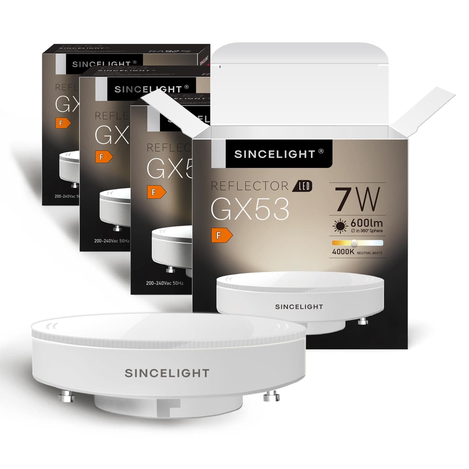 SINCELIGHT LED GX53 Cabinet Light Reflector Bulb, 7W (50-60W Equivalents), Neutral White 4000K, Adapt to GX53 Fixture, Kitchen Units, Display Cabinets and Under-Shelf Lighting, Pack of 4