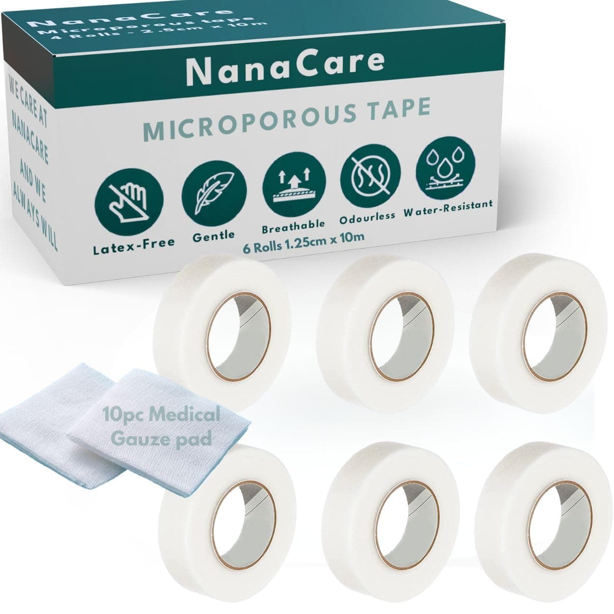 Microporous Medical Tape Waterproof, 6 Rolls 1.25cm x 10m + 10pc Gauze Pads - Hypoallergenic Surgical Tape for Wound Care, Dressings & Face, First Aid Waterproof Bandage for Sensitive Skin - NanaCare
