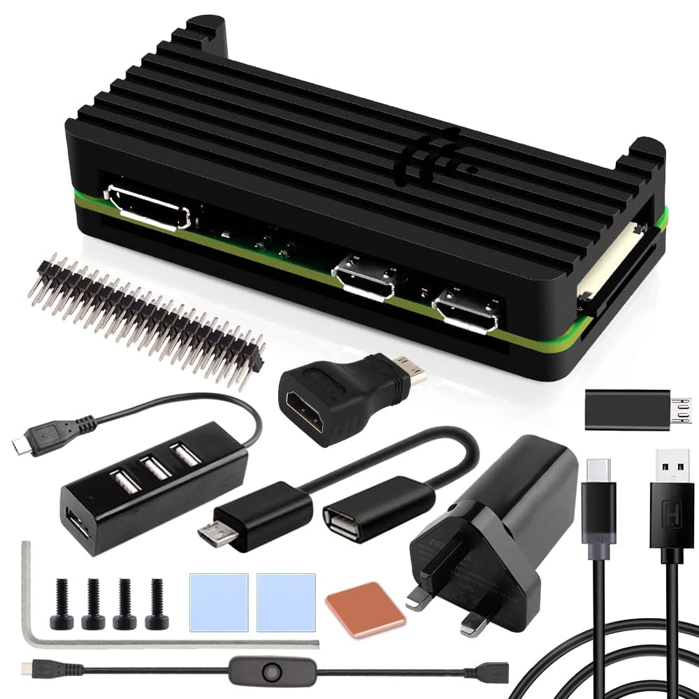 GeeekPi Case Kit for Raspberry Pi Zero 2 W/Zero W,with Zero 2 W Aluminum Passive Cooling Case,QC3.0 Quick Charger Power Supply,Heatsink,20Pin GPIO Header,4 Port USB Hub,ON/Off Switch Cable (Black)