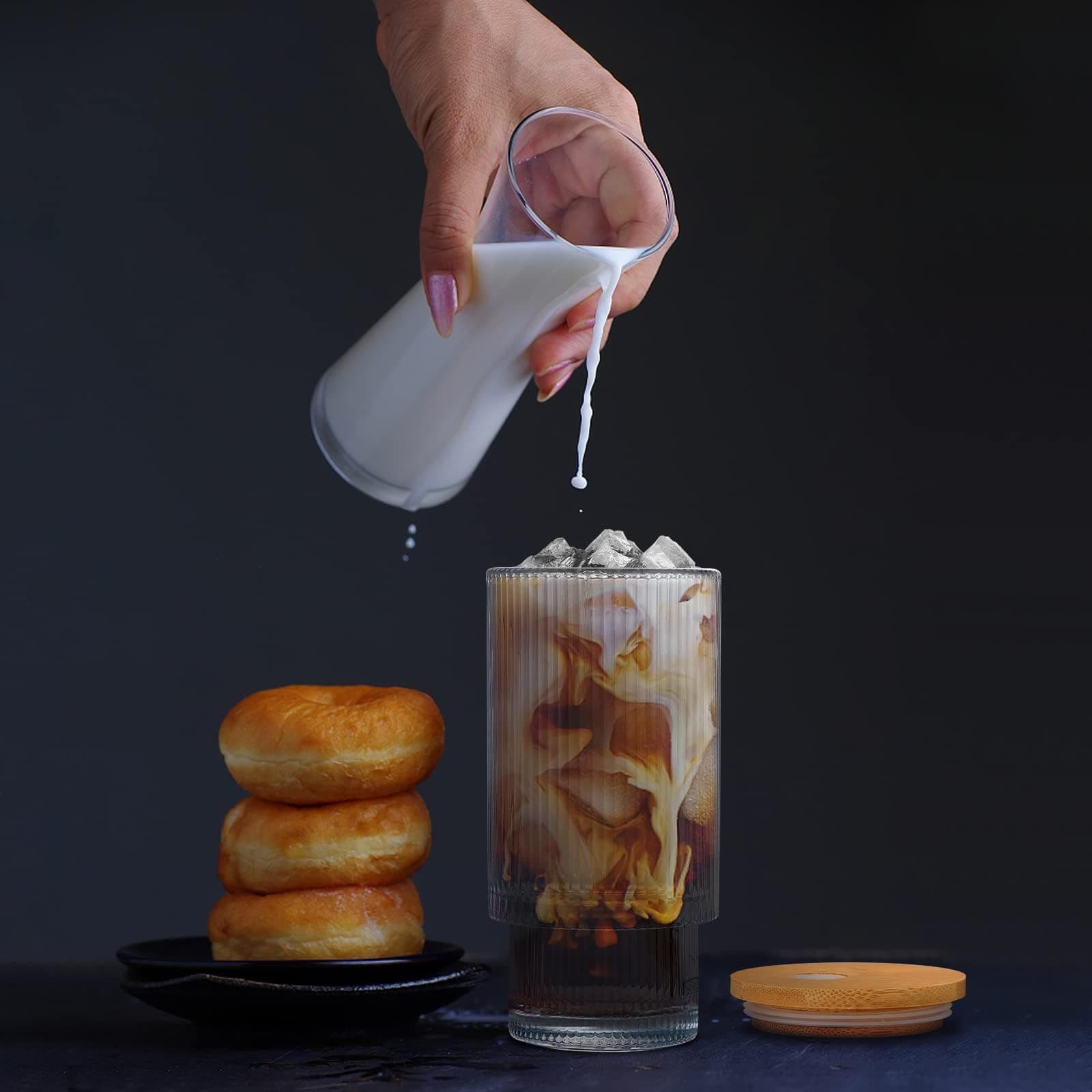 Set of 4 Ribbed Glasses with Bamboo Lids and Glass Straws, Fluted Vintage Rippled Clear Glassware, Origami Drinking Glasses for Juice, Beer, Iced Coffee, Tea and Cocktails (12 oz)