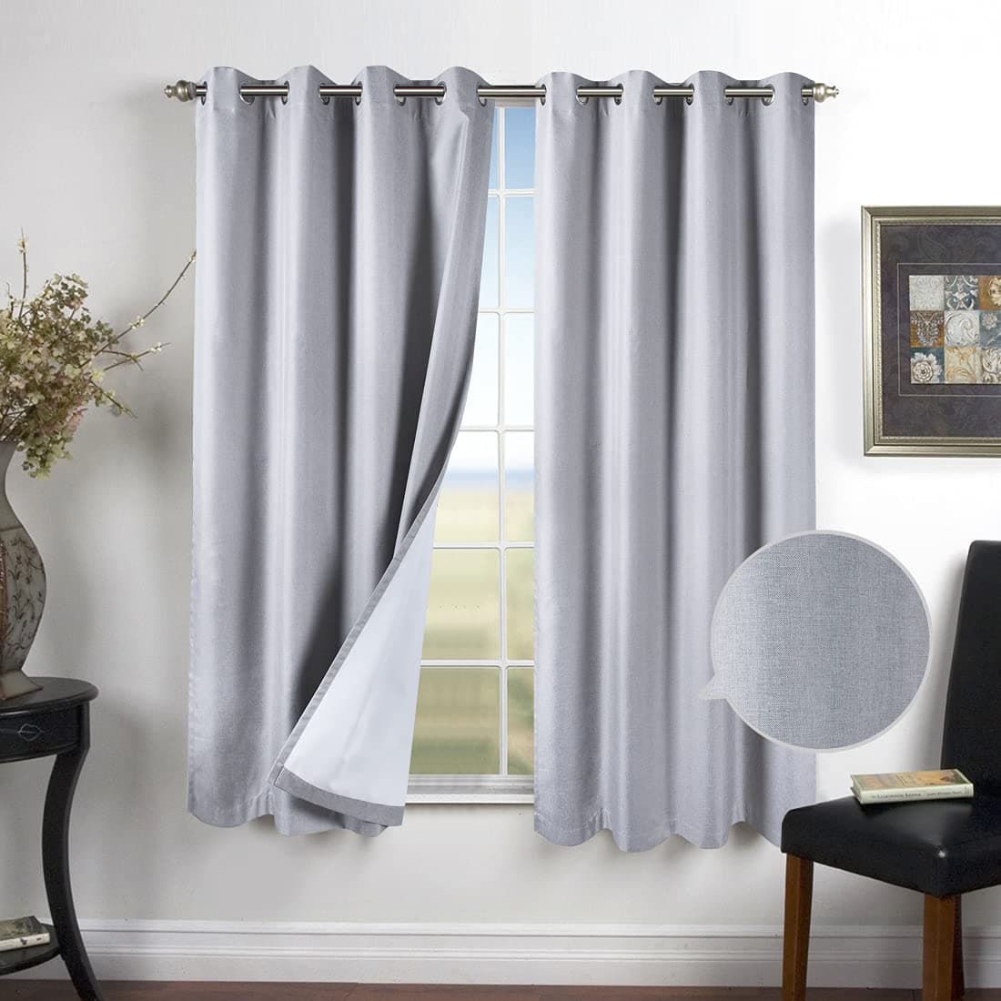 100% Blackout Curtains for Bedroom Silver Grey Textured Linen Faux Eyelet 46׷2IN Light Grey Lined Living Room Darkening Insulated Thermal 2 Panels Window Curtain