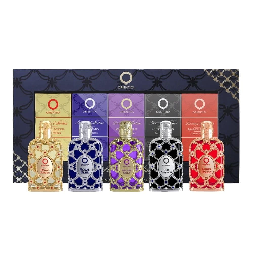 Orientica Luxury Collection Miniature Dicsovery Set Eau De Parfum - Amber Rouge, Royal Amber, Oud Saffron, Velvet Gold & Royal Bleu - Perfume for Men & Women - 5 x 7.5ml