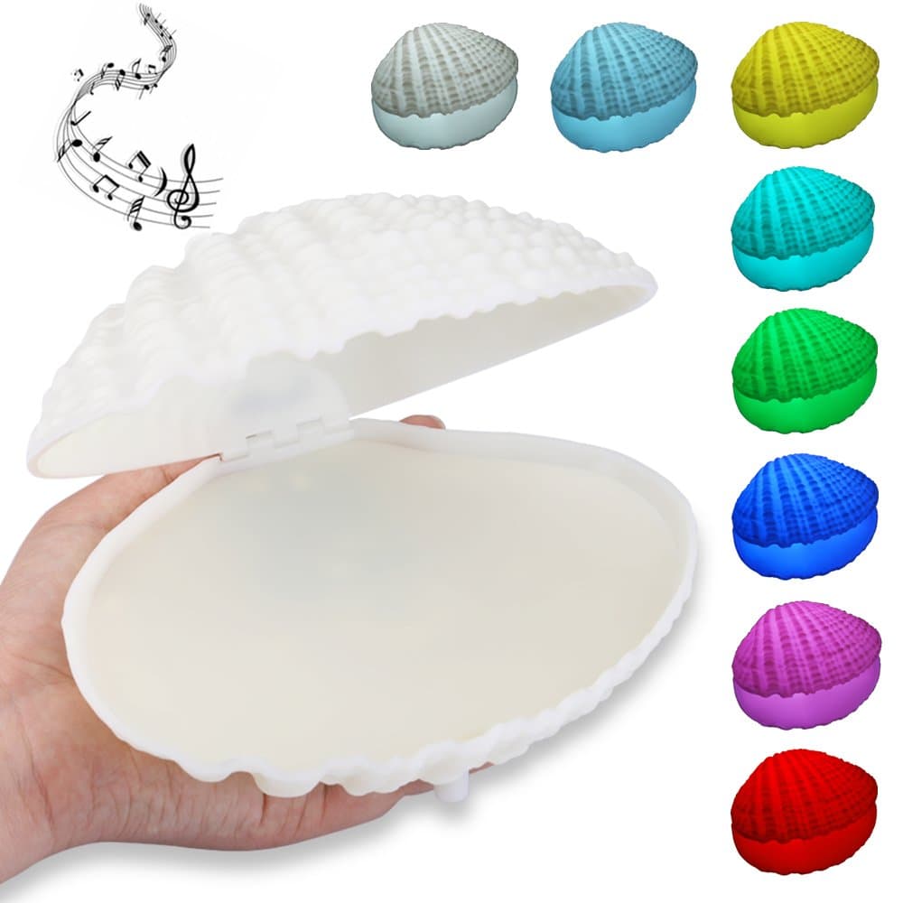 Shell LED Night Light Bluetooth Speaker Music Box - Qoolife 2-in-1 Functional USB Rechargeable Colorful Shell Music Lamp Music Desk Light for Children Room Home Decor