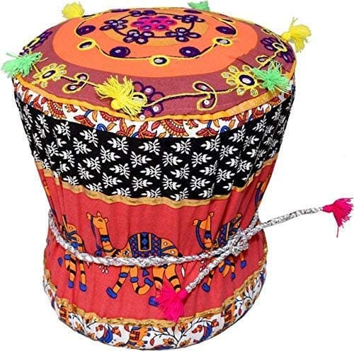 TIQH Rajasthani Handmade Patchwork Cotton Single Mudda/Ottoman/Pouffe (Bamboo, Multicolour) (17 X 17 X 18 Inches, Red)