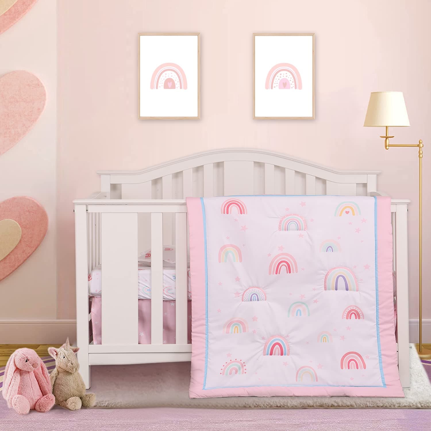 PINNKKU 3 Piece Boho Rainbow Crib Bedding Set, Standard Size Baby Bedding Set, Neutral Rainbow Boho Nursery Bedding for Girls, Baby Crib Set, Comforter, Crib Sheet & Crib Skirt