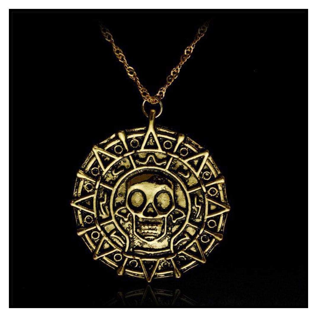 In Box Pirates of The Caribbean Necklace Jack Sparrow Aztec Coin Medallion Vintage Gold Bronze Silver Pendant 5