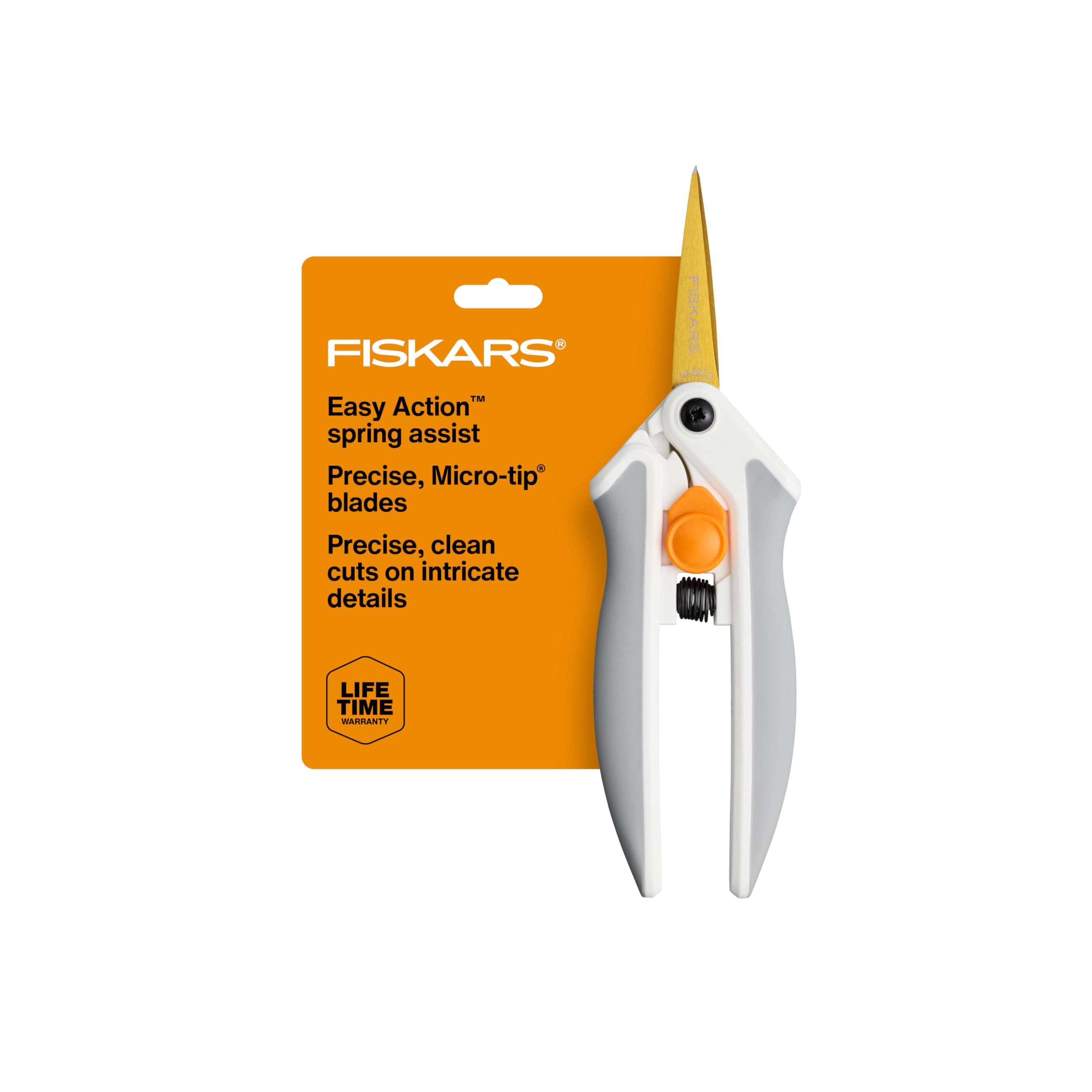 Fiskars Easy Action Micro-Tip Titanium Scissors, Sharp Blades for Cutting Precision and Angles with Easy Action Spring Design, Crafting Supplies, SoftGrip Assisted Handle