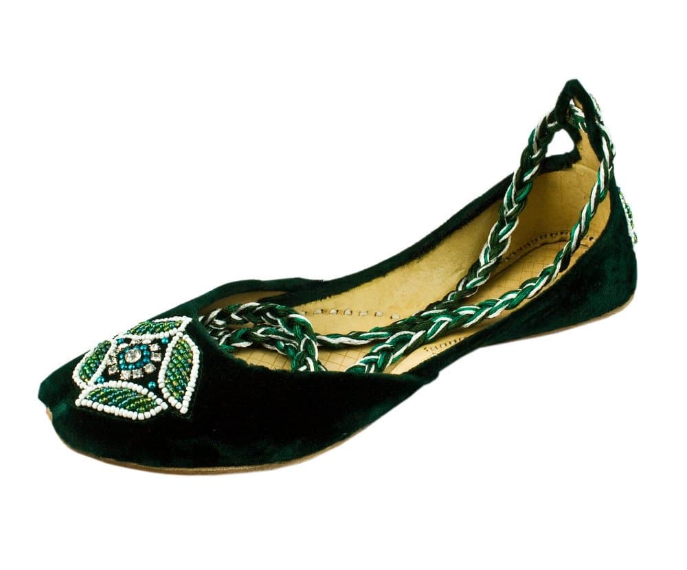 Womens Green Beaded Velvet Ankle Wrap Indian Leather Khussa Shoes Pump 4uk
