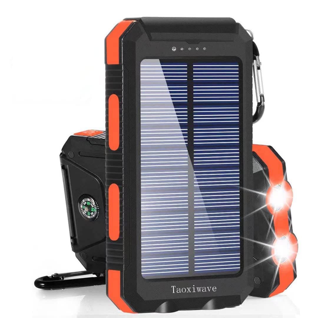 Solar-Power-Bank-Portable-Charger ,Solar Charger Fast Charging 20000mAh Waterproof Portable External Backup Battery Pack Charger ,Camping Battery Bank With Dual USB/Flashlight and Compass (Orange)