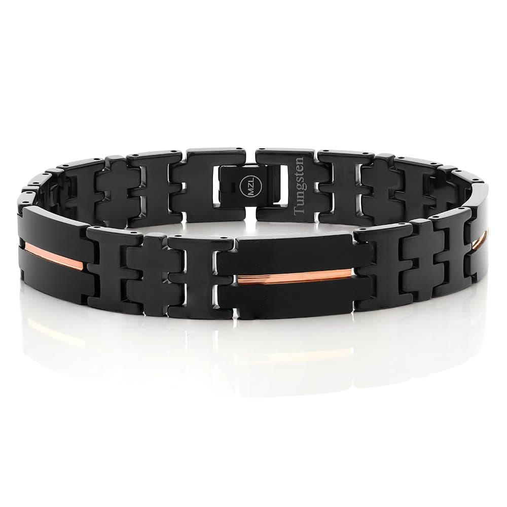 NEW Black Plated Tungsten Carbide Men's Bracelet with Rose Gold IP Stripe