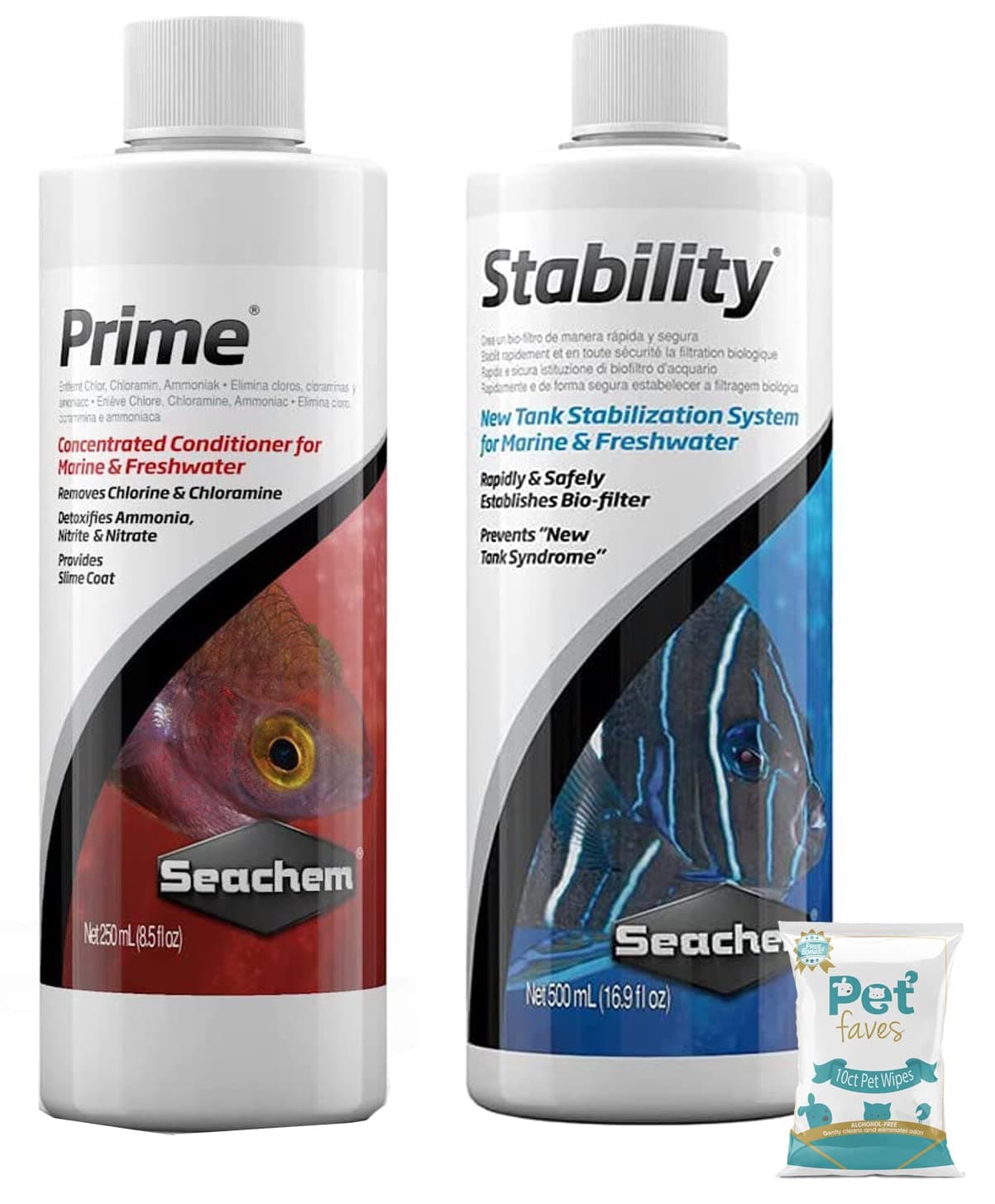 Prime Fresh and Saltwater Conditioner 500ml, Stability Fish Tank Stabilizer 500ml and 10ct Pet Wipes (Prime & Stability)