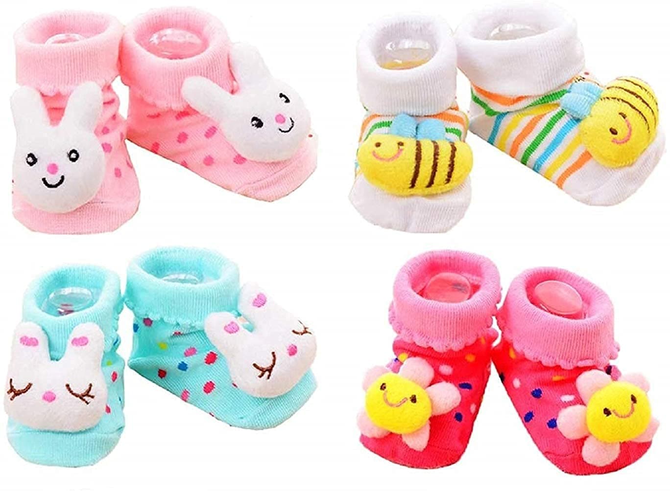 Cartoon face Fancy Rattle Booties Cum Socks for Baby Girl (2 Pair Assorted) (0-6 Months Multicolor)