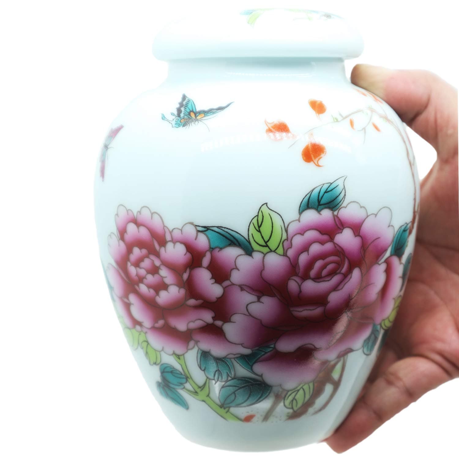 6.5" Sized Pale Blue Keepsake Ceramics Urn, Cremation Urn for Ashes - Made Hand-Decal - Display Burial Urn at Home or in Niche at Columbarium (Roses and Butterflies Memorials