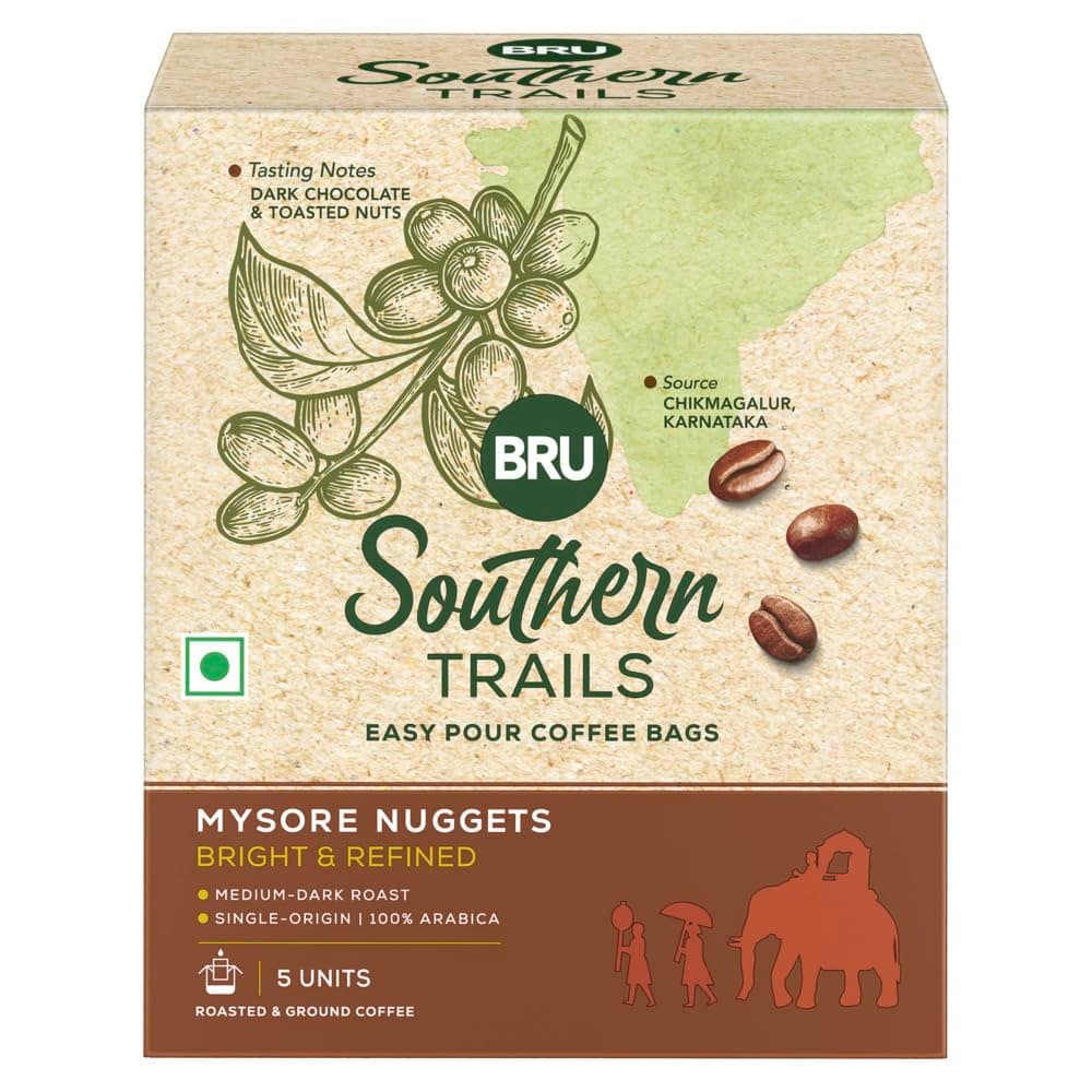 Bru Southern Trails | Easy Pour Coffee Bags | Mysore Nuggets | Medium-Dark Roast | 100% Specialty Grade, Single Origin Arabica Ground Coffee | 55g