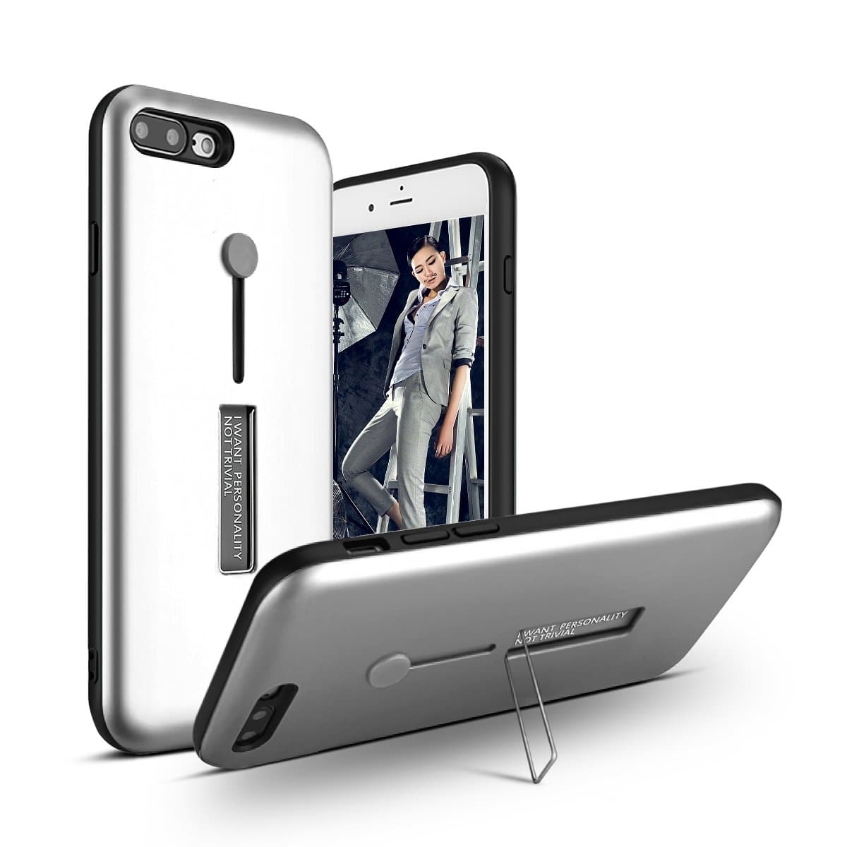 iPhone 7 Plus iPhone 8 Plus Finger Hand Loop Strap Case Ring Holder Grip Holds Device 3 in 1 JimBird Shockproof Slim Fit Dual Layer Protection Hybrid Cover Case for iPhone 7 plus [silver]