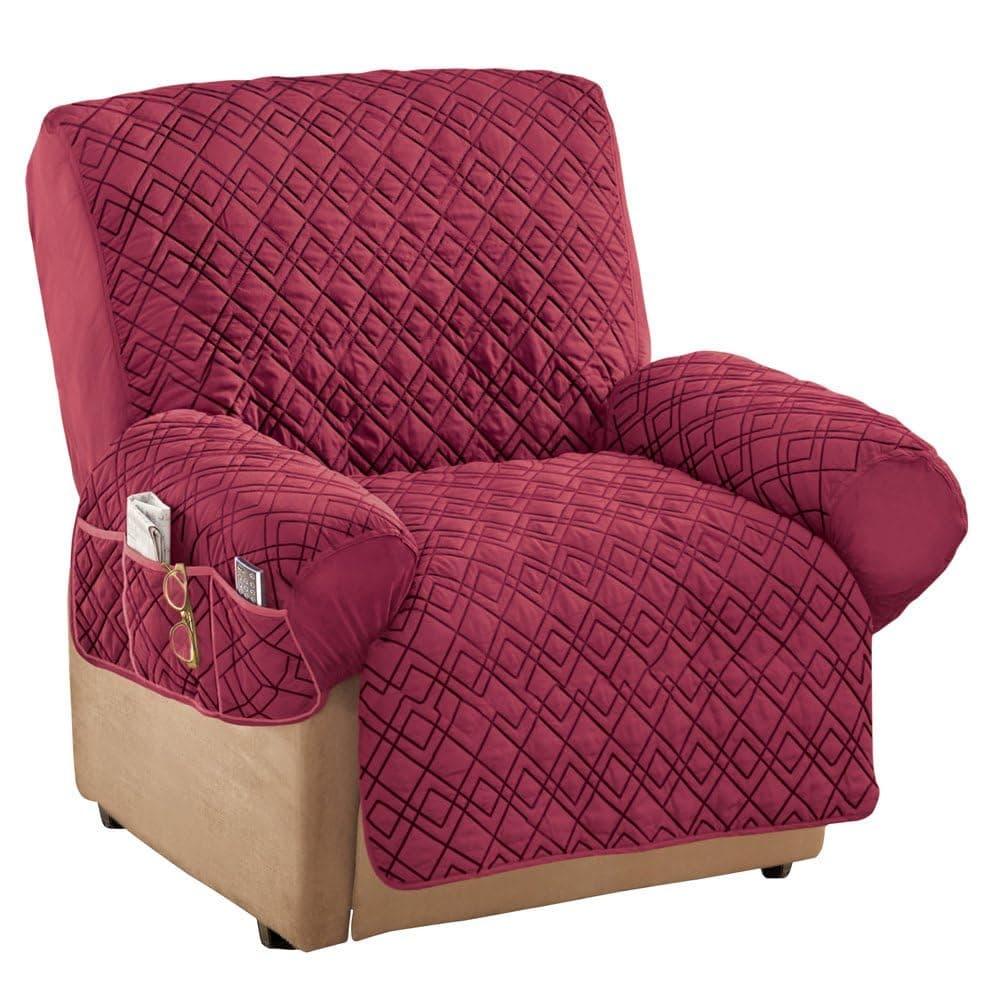 Diamond-Shape Quilted Stretch Recliner Cover with Storage Pockets and Elastic Straps - Furniture Protector, Burgundy, Recliner