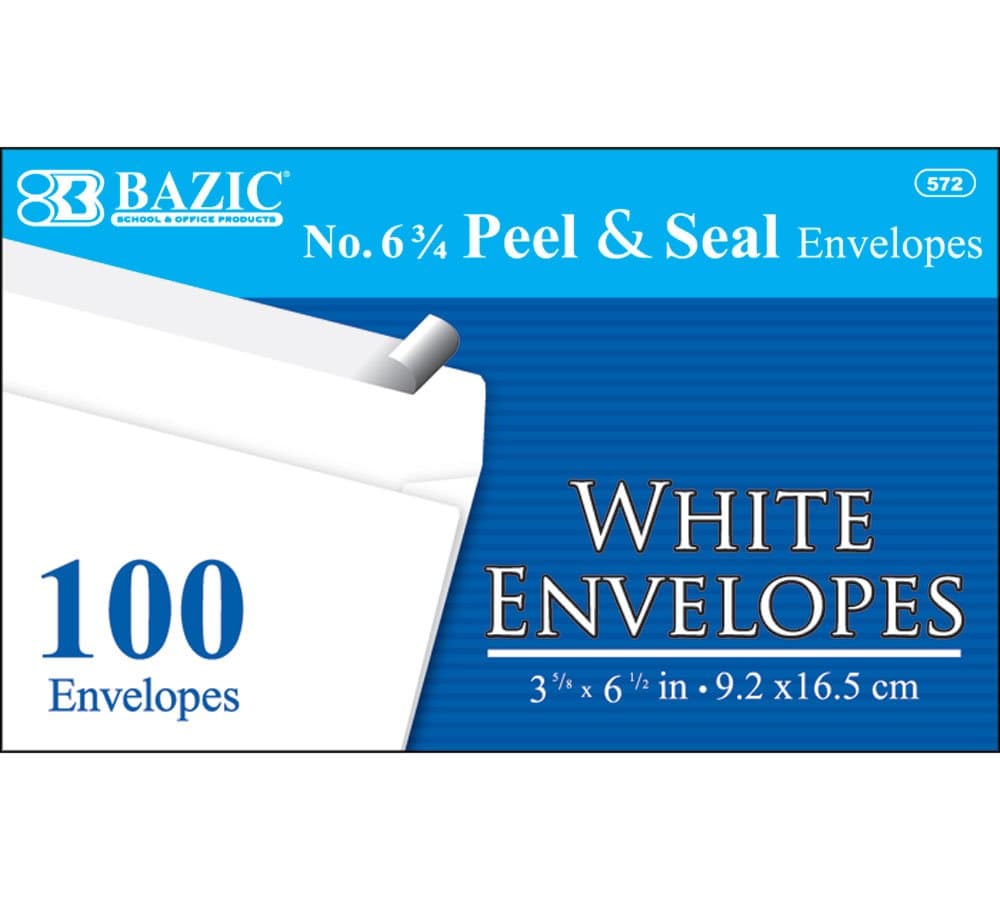 BAZIC #6 3/4 Peel and Seal White Envelope,572-24P (100-Pack)