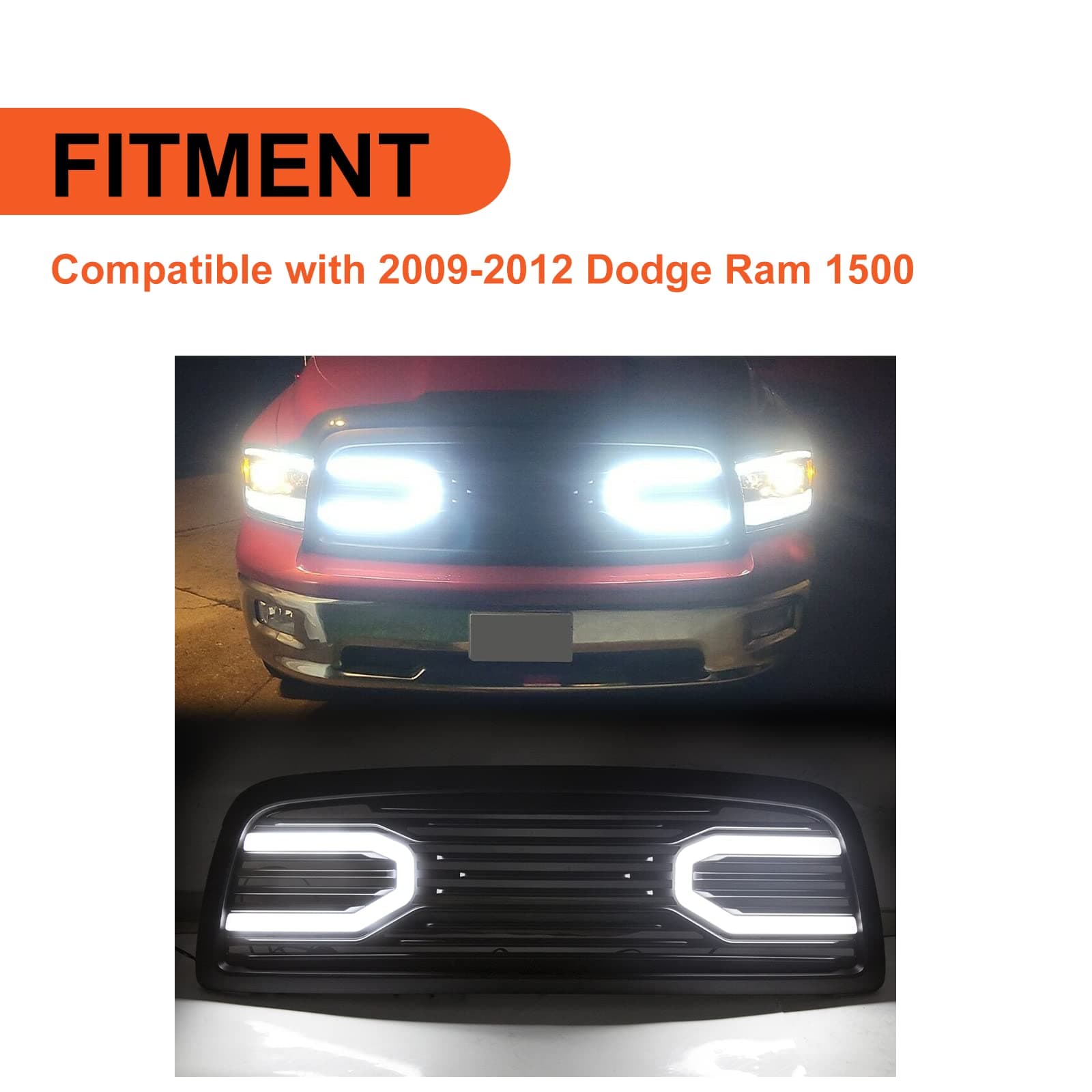 ECOTRIC Front Bumper Grill Compatible with 2009-2012 Dodge Ram 1500 Hood Grille Replacement Shell (Black, W/Light)