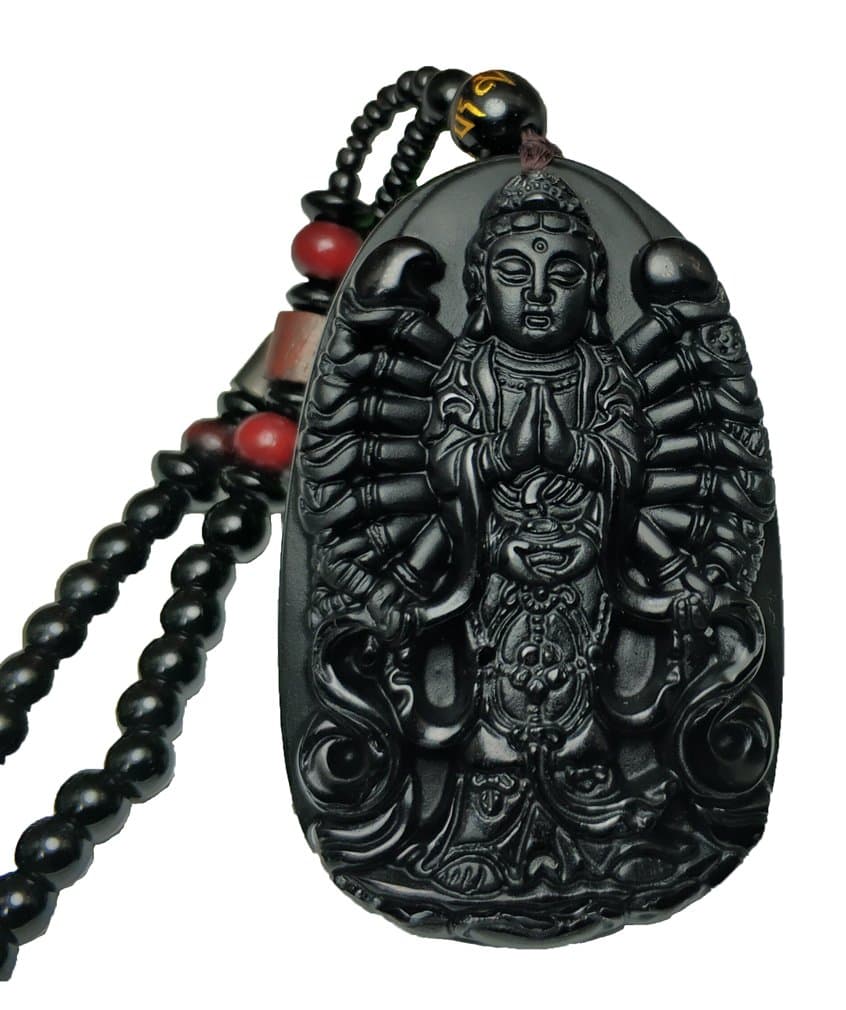 Natural Obsidian 1000 Arm Hands Avalokitesvara Kwan-Yin Guan Yin Buddha Pendant Necklace