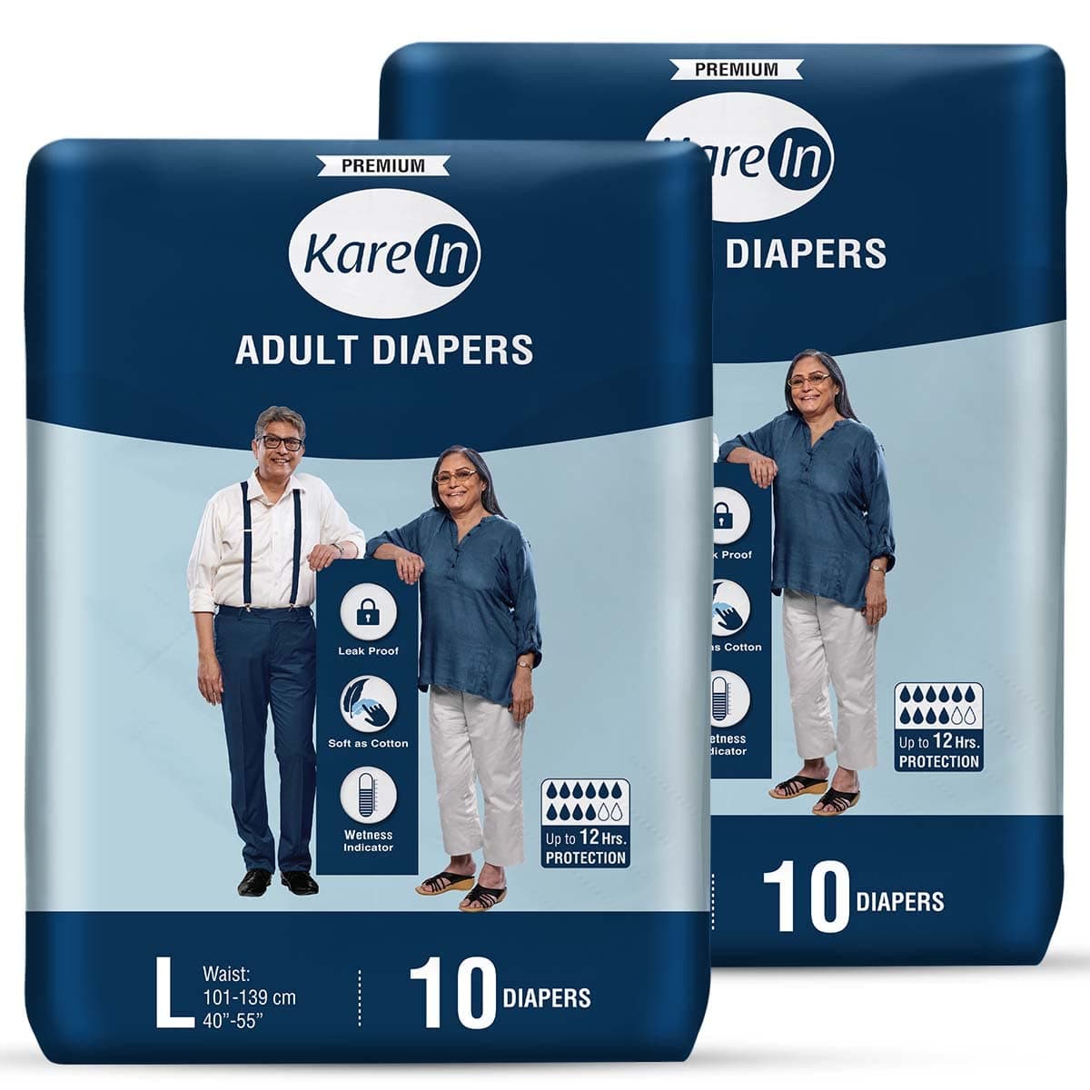 KareIn Premium Adult Diapers, Large, Waist Size 101-139 Cm (40"-55"), 20 Count, Tape Style, Unisex, High Absorbency, Leak Proof, Wetness Indicator, Pack of 2,