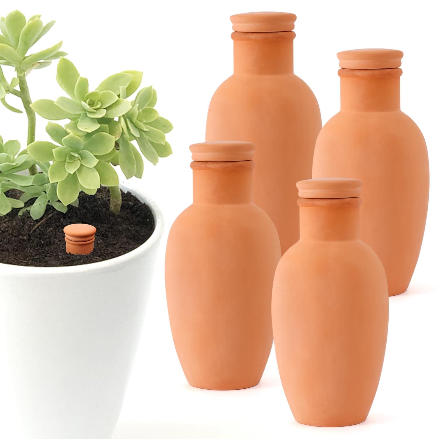 4pcs 3.1inch Plant Watering Globes Clay Watering Pot with lid Terra Cotta Clay Irrigation Globes Terracotta Watering Simple Irrigation Peripheral Water System Self Watering System