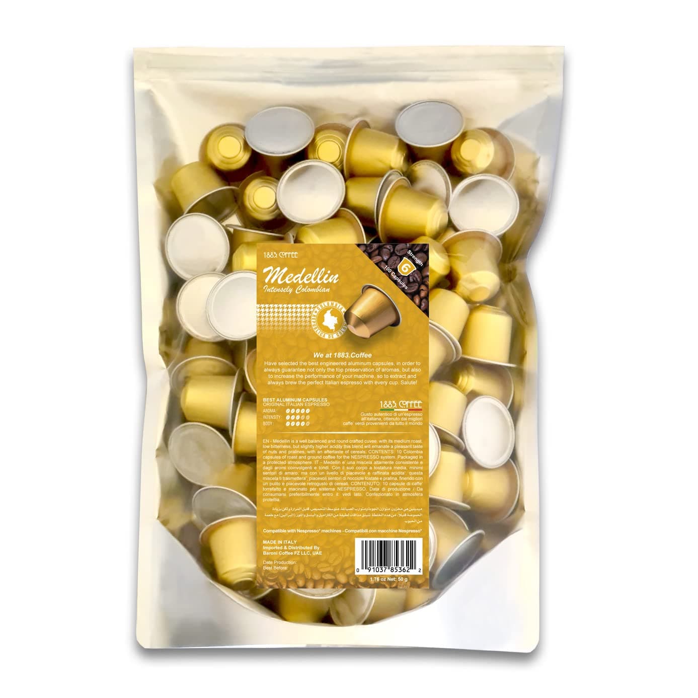 100 Coffee Capsules in 100% Aluminum Recyclable to Infinity, Medellin Blend Intensity 3/5, Box with 100 Loose Capsules Compatible with Nespresso Machine, Made in Italy