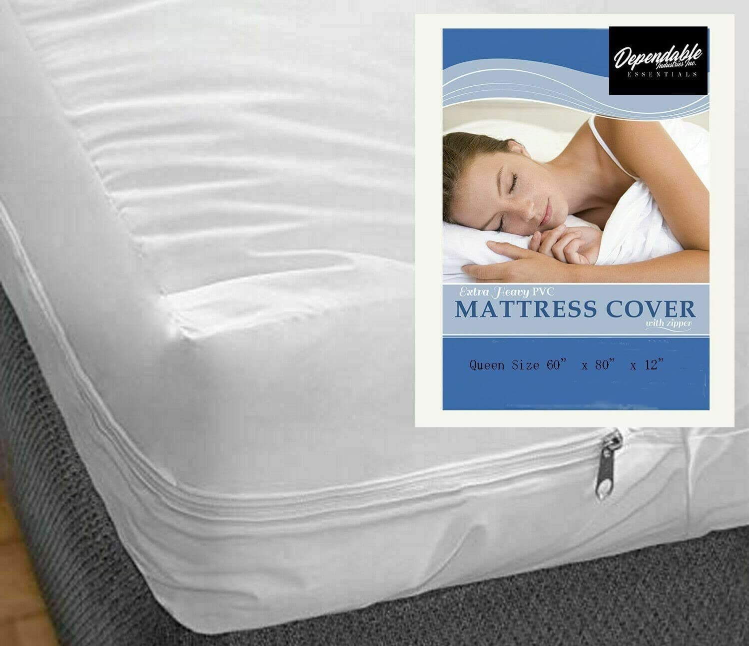 Queen Size Vinyl Mattress Protector Zippered Encasement Cover 100% Waterproof Prevent Stains and Spills White