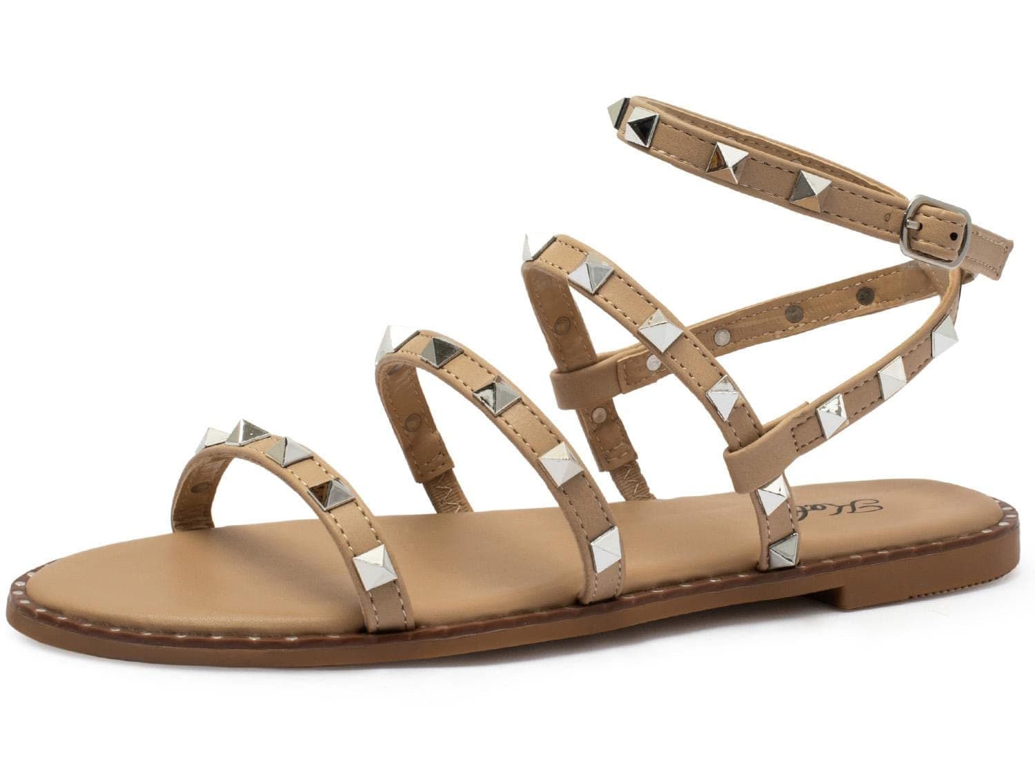 katliu Women's Flat Sandals Strappy Studded Sandals Gladiator Sandals with Ankle Strap