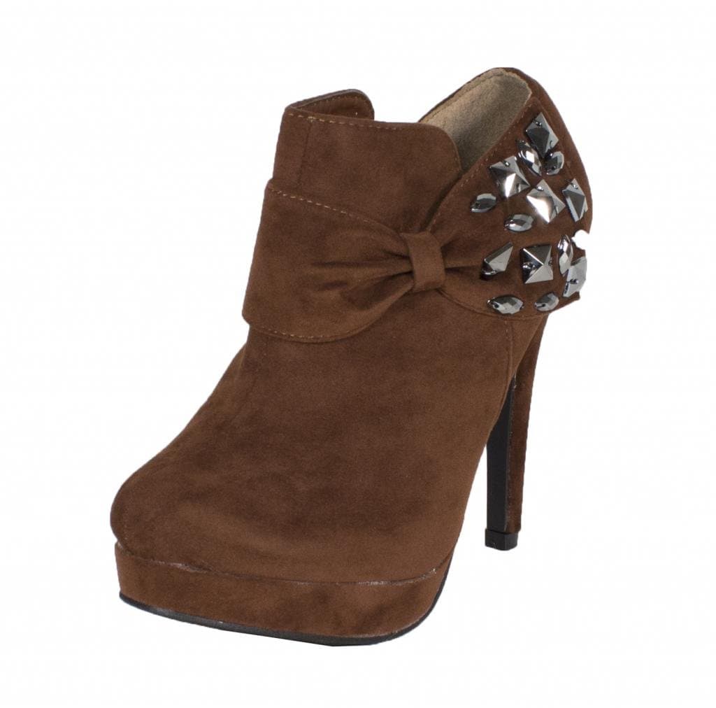 RCK Bella Dami-1! By Almond Toe Side Jeweled Ankle Bootie with Side Zipper, brown faux suede, 7.5 M