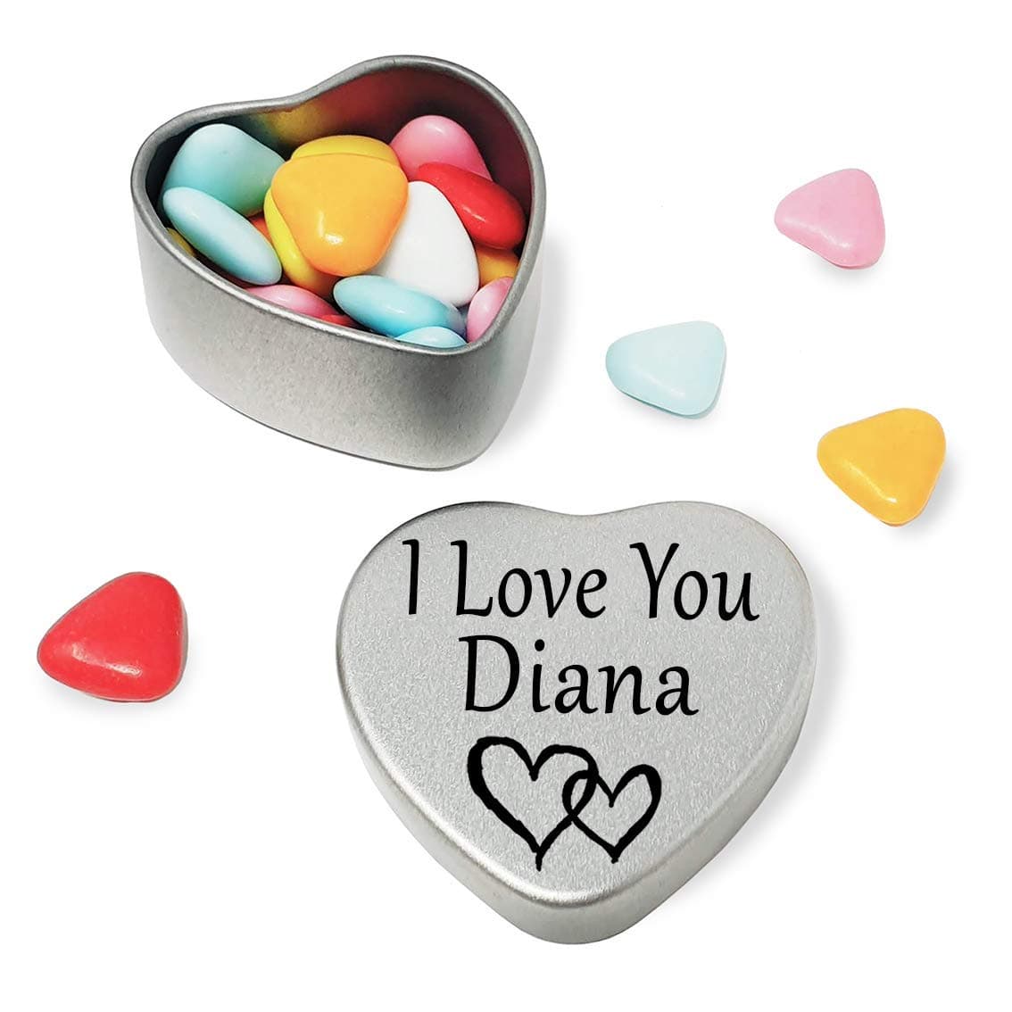 I Love You Diana Mini heart shaped silver gift tin filled with mini chocolates. Great as a birthday present or a gift to show someone special how much you love them
