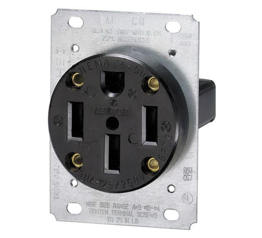 Leviton 279-S00 50 Amp, 125/250V, Nema 14-50R, 3P, 4W, Flush Mounting Receptacle, Straight Blade, Industrial Grade, Grounding, Side Wired, Steel Strap, Black